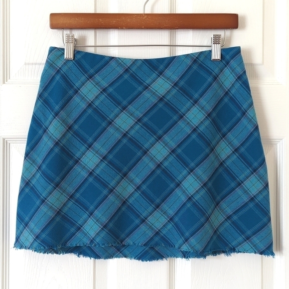 Hillard & Hanson 90's Vintage Preppy Plaid High Waist Raw Hem Mini Skirt Blue 10 - Picture 1 of 8